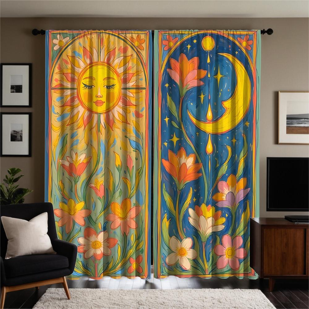 2-piece Set of High-definition Digital Printed curtainColorful Floral Sun Moon Abstract Style Cross Border E-commerce curtainHom