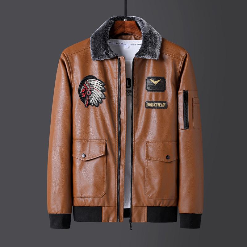 Men's Plus Size Embroidered Leather Baseball Jacket with Velvet, Trendy Spring & Autumn Outerwear.
