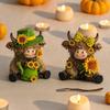 2 Stück Sonnenblumen Hochlandrind Figur, Frühling Sommer Schottisches Rind Skulptur, Niedliche Bauernhof Tier Holzstatue für Küche, Tisch, Regal Dekoration