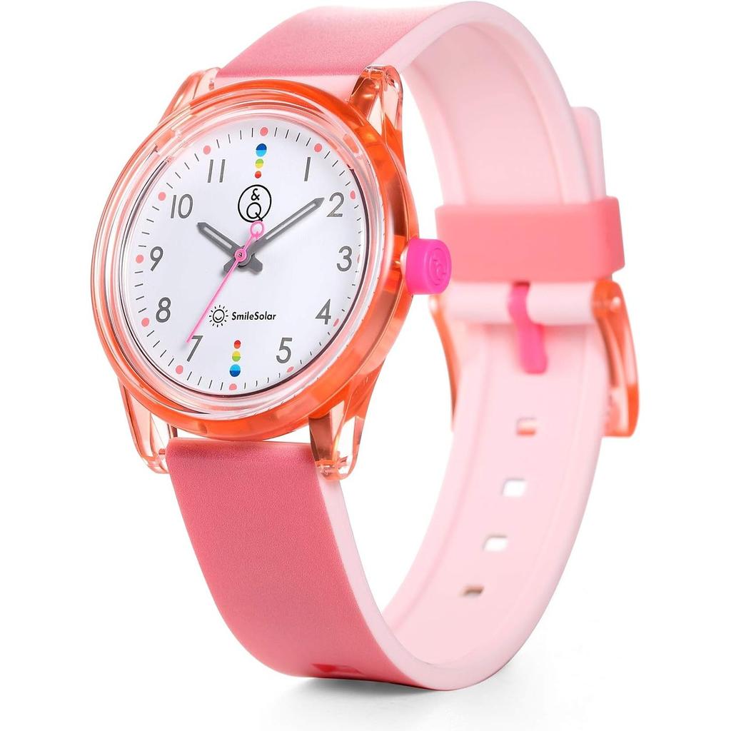 SmileSolar Güneş Enerjili Pembe Poliüretan Q&Q Saat, Güçlü, Analog, Stil, Su Geçirmez, Kayış, RP26-007