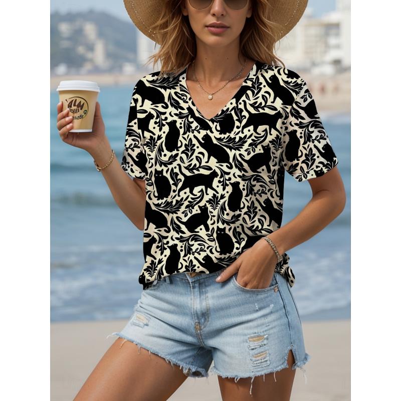 2025 Women's T-Shirt Kawaii Cat Graphic Fashion Short Sleeved V-Neck Regular Tops Daily Print Tee Summer Spring casual Tops