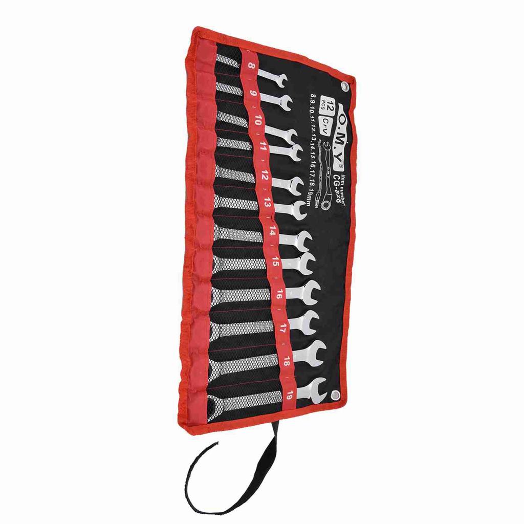 12Pcs Ratchet Wrench Set Kit Metric Combination Chrome Vanadium Steel 8‑19mm with Storage BagFixed Head