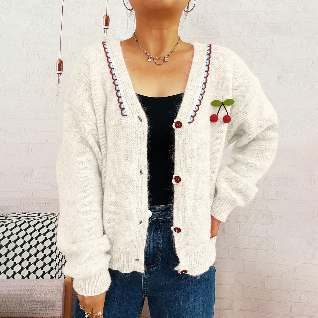 Women's Fashionable Casual Cute Wave V-neck Decoration Flower Button Knit Cardigan Sweater Jacket