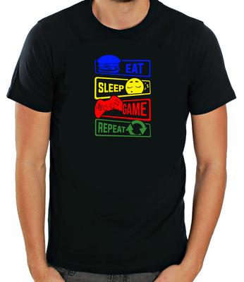 Essen Schlafen Spielen Wiederholen Gamer Kurzarm Weißes T-Shirt Herren F442