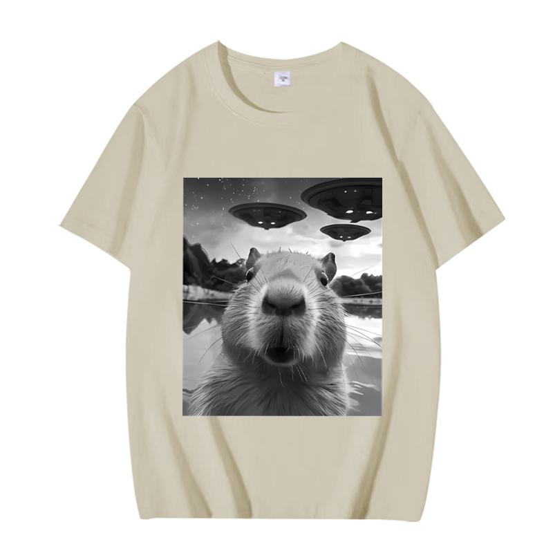 

Funny Capybara Selfie with UFO Graphic T Shirt Men Women Oversized Cotton Short Sleeve Summer Print Tops 3XL
