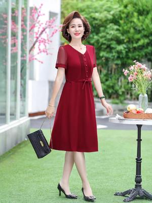 Elegant Summer Short-Sleeve Mid-length Dress for Middle-aged and Elderly Women