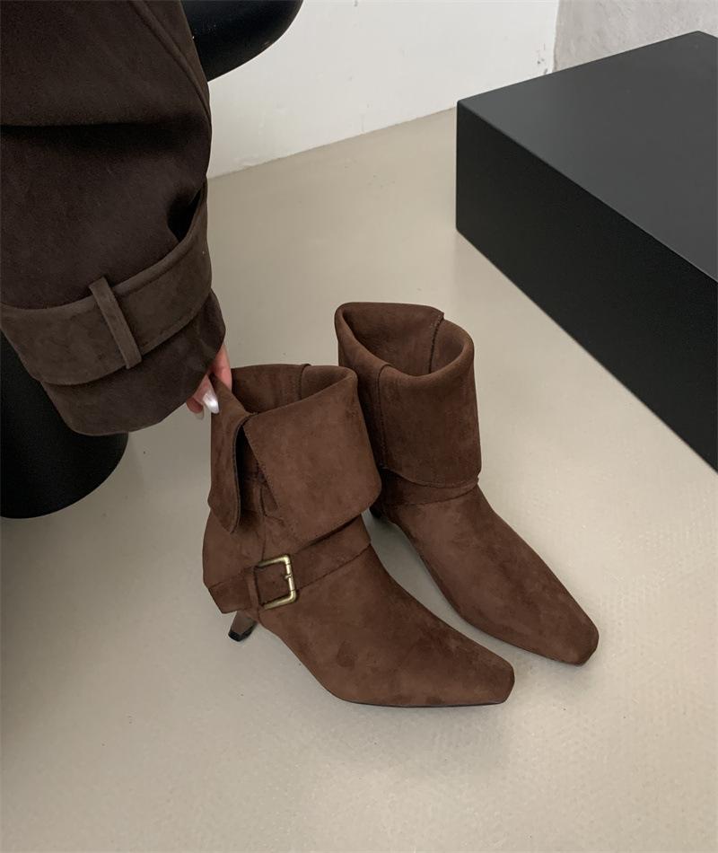 

Vintage frosted Chelsea cowboy boots belt buckle thick heel square head two wear foldable short comfortable fashion boots 39 темно-коричневого