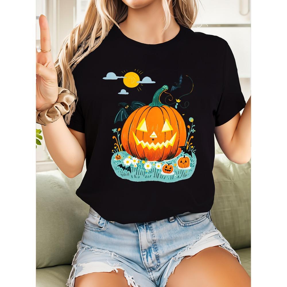 Women's Halloween T-shirt Spooky Pumpkin Bat Sunflower Printed Round Neck Short Sleeve Black with Orange Blue Design
