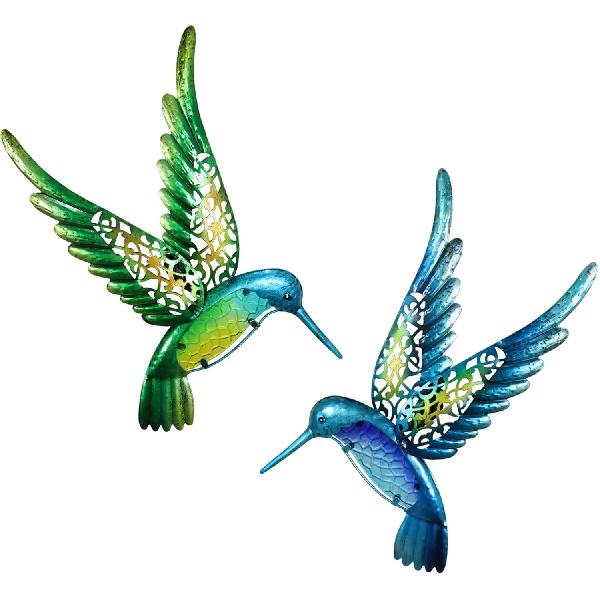 HONGLAND Metal Hummingbird Wall Art 15inch Metal Birds Wall Sculpture Garden Decoration Outdoor Statue Patio Fence Hanging Plaques 2 Pack