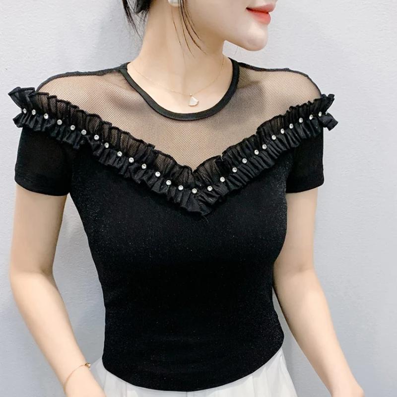 Módní letní dámské elegantní volánky s korálky tričko elegantní s krátkým rukávem s kulatým výstřihem sexy topy dámské univerzální ležérní trička