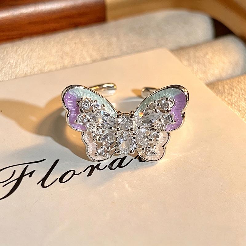 Sweet Cool Ins Style Open Ring Gradient Enamel Butterfly Inlaid Zircon With Bead Detail Niche Personality Adjustable Decorative Ring