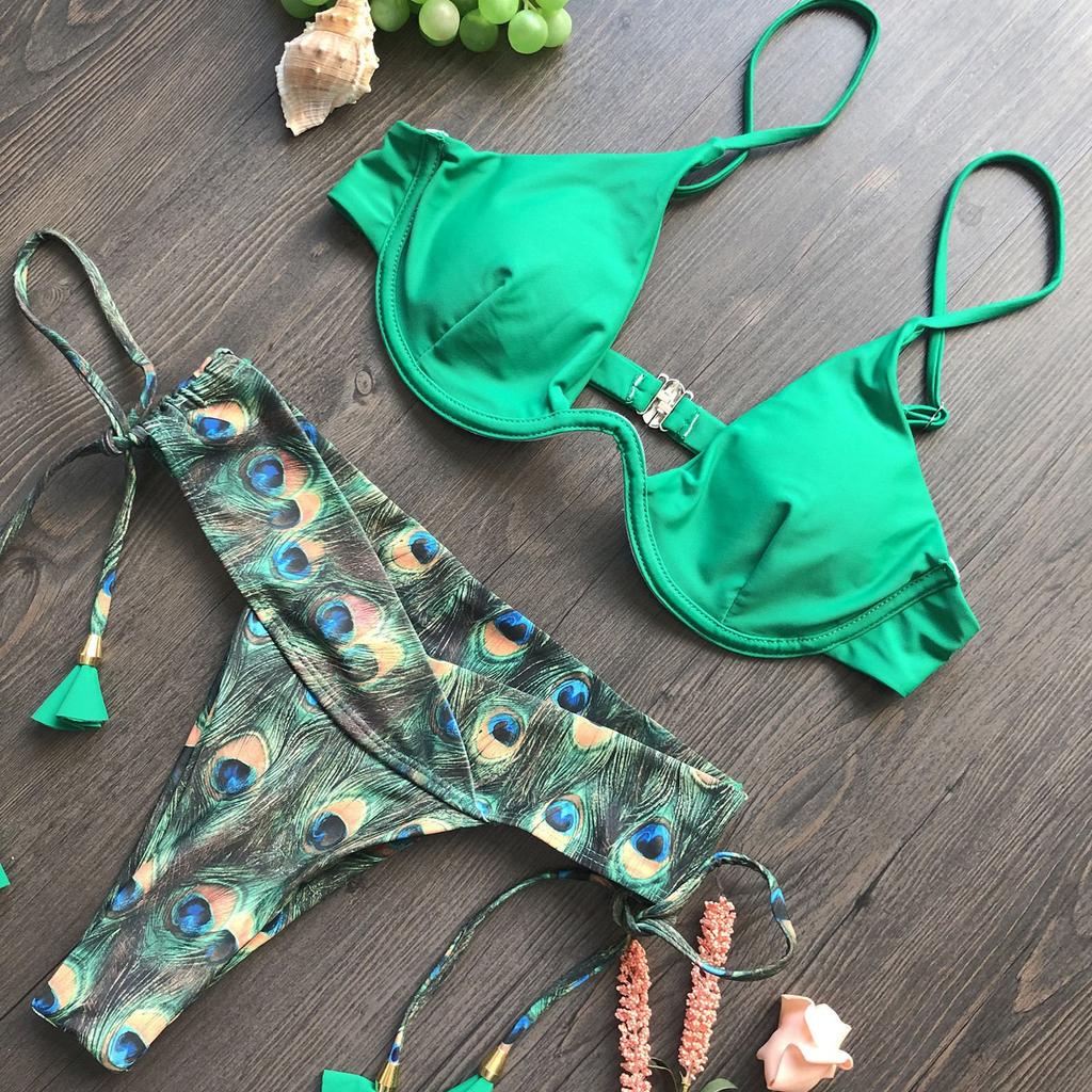 Women's Fashion Summer New Solid Color Tie Beach Sexy Split Two Piece Set Bikini Swimsuit