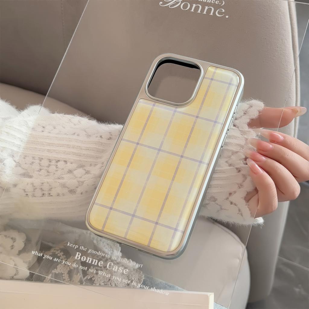 Yellow Checkered Pattern Suitable for Apple 16 Mobile Phone Case Iphone14promax Drop Glue13 Niche Korean 15 Electroplated Silver