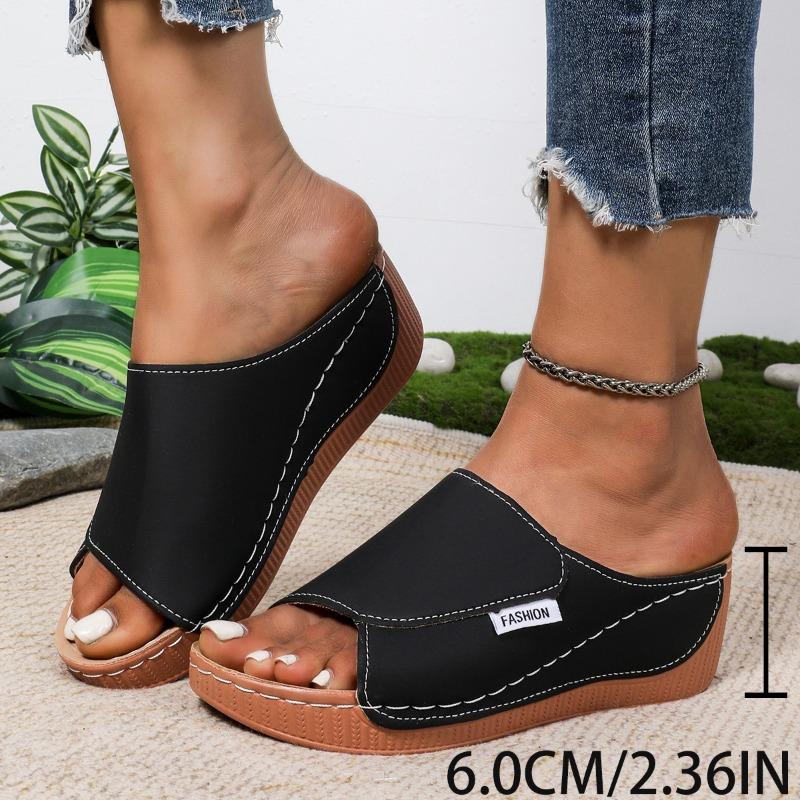 Large size slope heel casual slippers women's shoes summer new wide strip simple fashion fish mouth slippers women