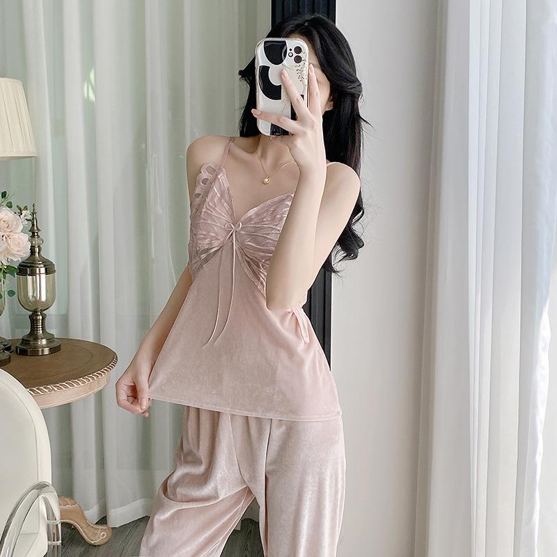 1011 new golden velvet pure desire wind suspender nightdress women's high-end sense nightgown with chest pad two-piece loungewear