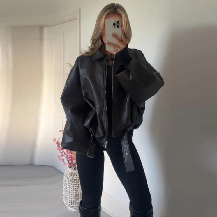 Vintage PU Leather Bomber Jackets Autumn Ladies Zipper Lapel Long Sleeve Pocket Coat With Belt Women's Loose Streetwear