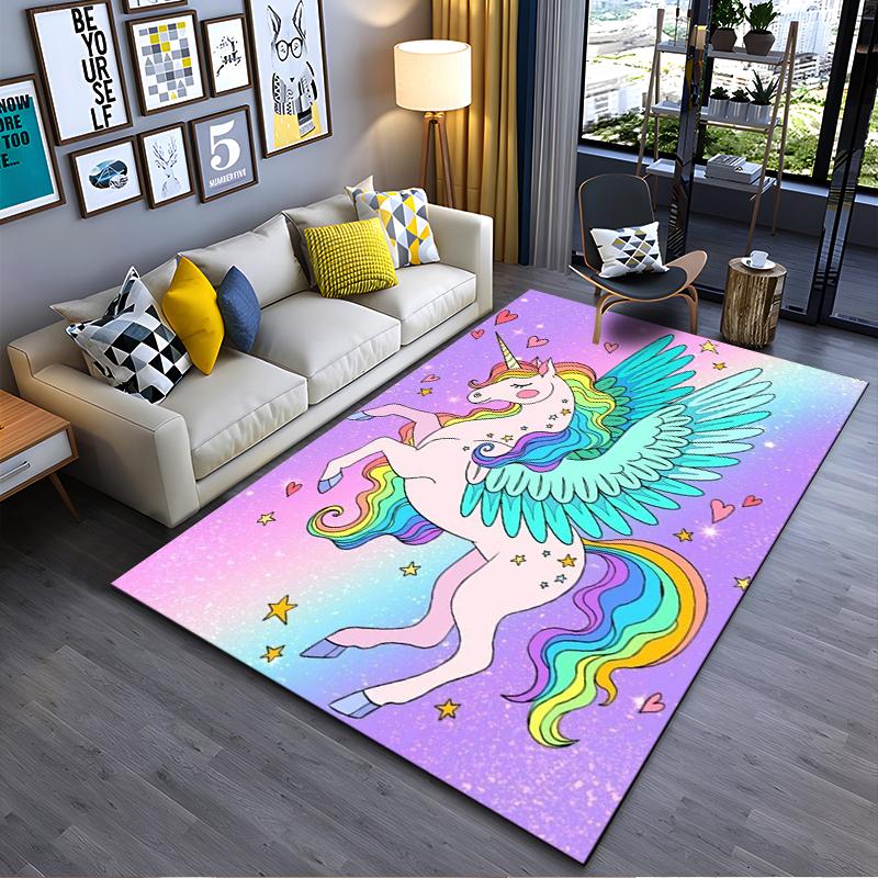 Colorful Unicorn with Wings and Rainbow Design - Non-slip Rug Suitable for Living Room and Bedroom Sofas