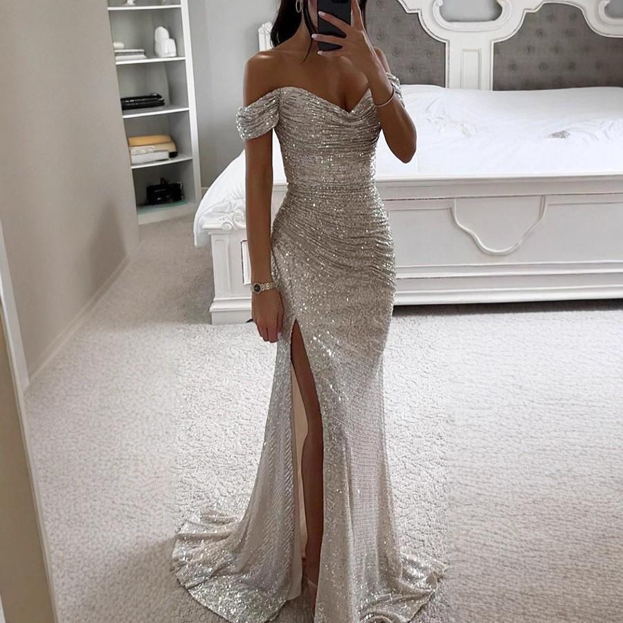 Europäisches & Amerikanisches One-Shoulder Pailletten-Schlitzkleid - Damen Freizeit Party Mode