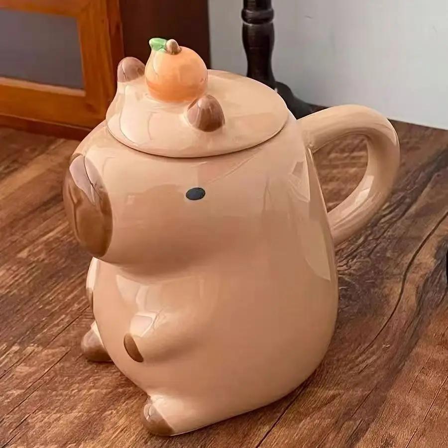 

Cute Capibala Ceramic Mug, Couple Tea Cup, Creative Breakfast Milk Coffee Mugs, Large Capacity Lidded Water Cups, Christmas Gift 401-500ml