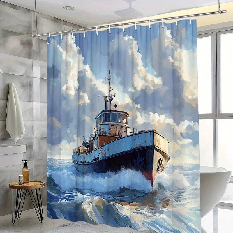 1pc Blue Tugboat Shower Curtain - Dramatic Waves Design, Polyester,  Washable with 12 Hooks, Nautical Bathroom Decor