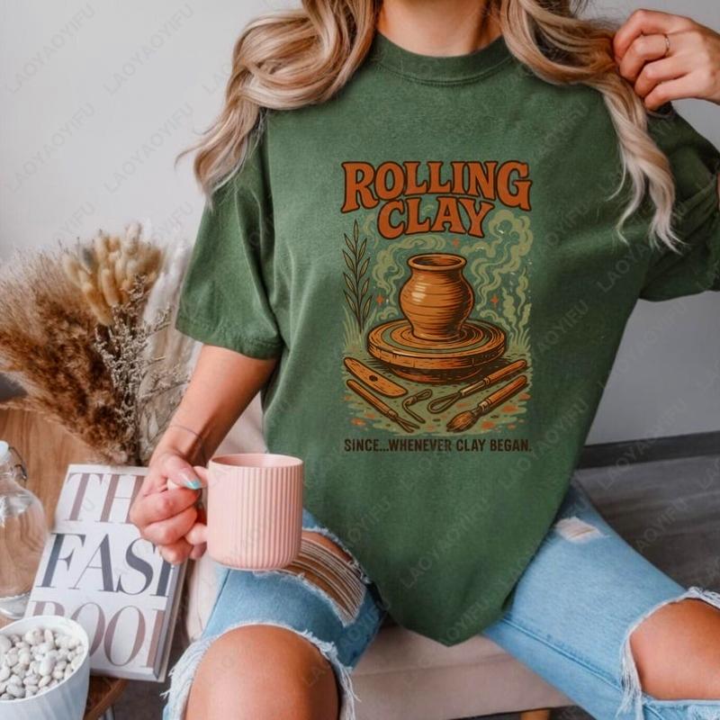 Vintage Stil Töpferliebhaber Rundhals Bedrucktes Unisex Baumwoll-T-Shirt Geschenk für Mädchen Lustig ROLLENDER TON Mann Frau Mydiyclub Freizeit-Oberteile