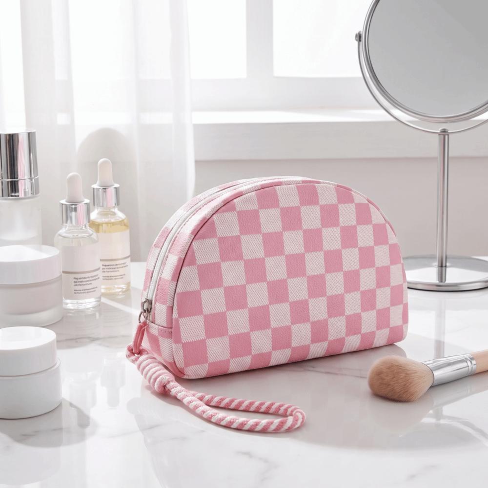 with Hand Strap Checkered Pattern Cosmetic Bag Waterproof Toiletry Bag Makeup Organizer Travel