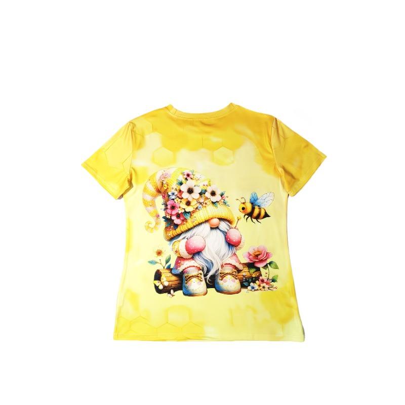 Camiseta de Manga Corta con Cuello Redondo, Estampado Floral de Abeja y Gnomo Lindo, Ropa Casual Diaria para Mujer