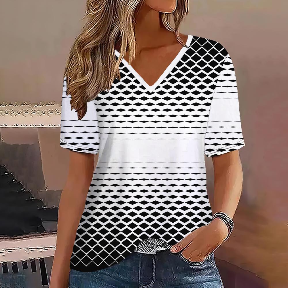 

Женская футболка Летняя с V-образным вырезом Короткий рукав Полосатая Графический принт Повседневная для улицы Пуловер Женская футболка 5XL