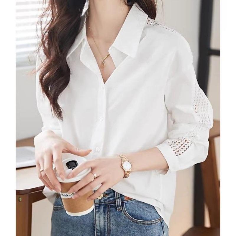 Women's White Lapel Blouse Hollow Out Lace Detail Long Sleeve Button Loose Casual Office Shirt