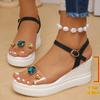 Fashion Rhinestone Decor Wedge Heeled Sandals Women Summer Thick Bottom Beach Shoes Woman Fashion Buckle Strap Platform Sandalias Mujer