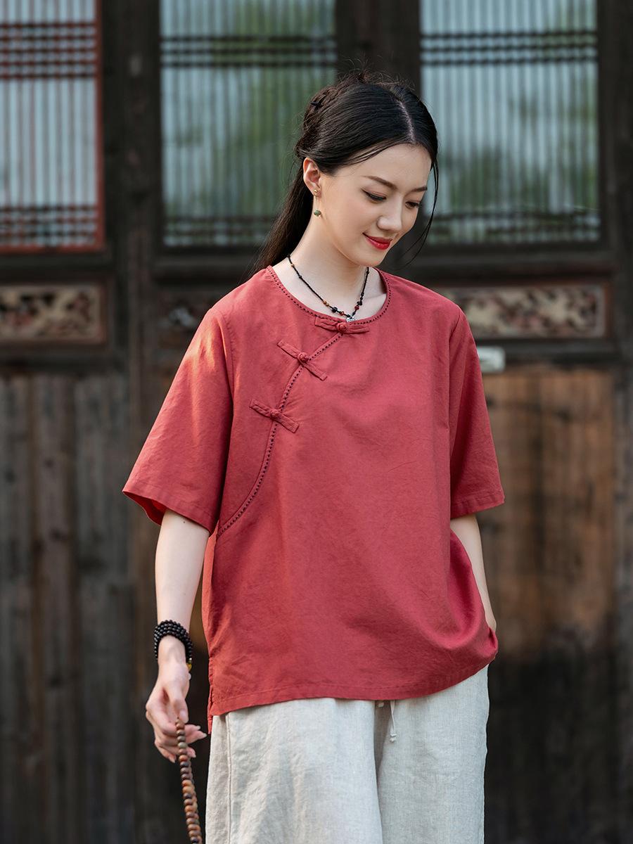 

Johnature Vintage Women Embroidery T-Shirts Solid Color Patchwork Button Summer Loose T-Shirts One Size оранжевый