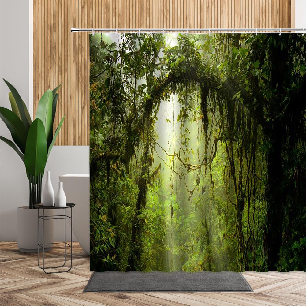 Green Jungle Shower Curtain Summer Forest Tree Bathroom Bath Decoration Home Decor Natural Landscape 3D Living Room Curtains Set