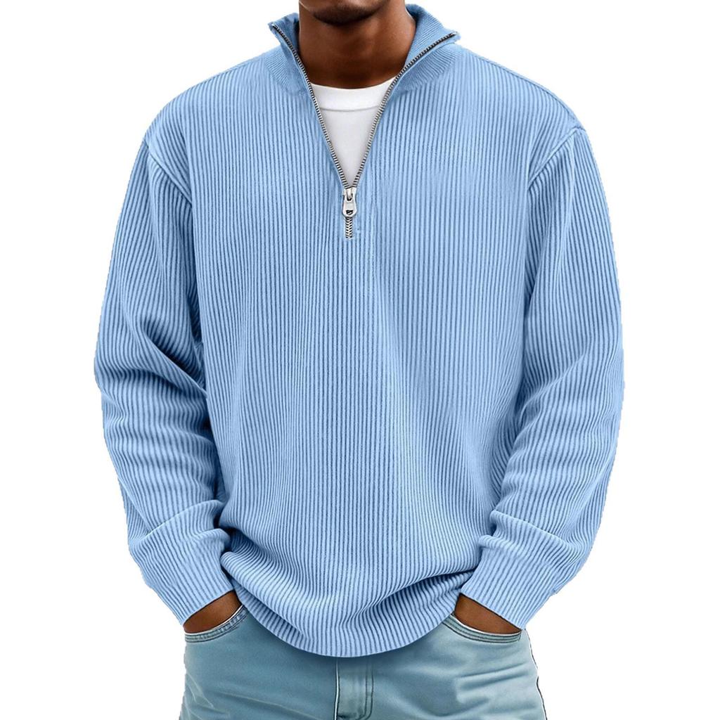 Men's 2025 European Autumn Corduroy Pullover Hoodie with Stand Collar and Zipper, Long Sleeve.