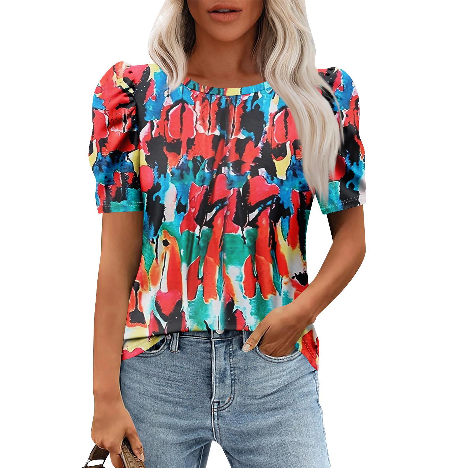 

Женские повседневные топы с коротким рукавом и круглым вырезом с принтом, туники, рубашки, летняя одежда XXL