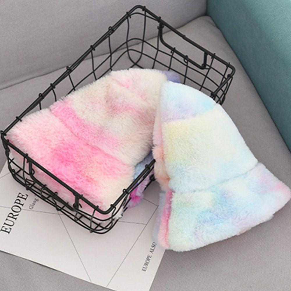 Rainbow Tie Dye Faux Fur Bucket Hat Korean Style Cap Autumn Winter Hat Women Fisherman Hat