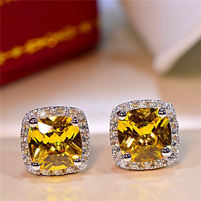 Luxury Female Yellow Pink Stone Earrings Fashion Silver Wedding Jewelry Vintage Double Stud Earrings For Women