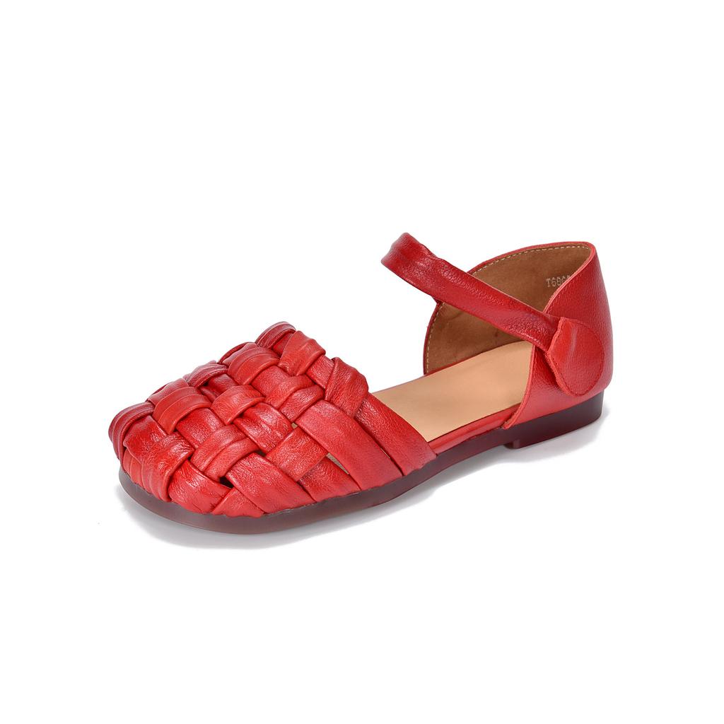 Johnature Versatile Women's Shoes Casual Genuine Leather Hand Woven Round Toe Flat Sandals