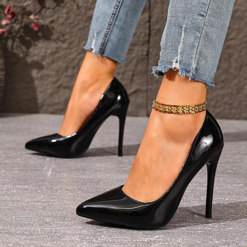 Autumn New Skinny Versatile High Heels Women's Stiletto Simple Waterproof Leather Single Shoes