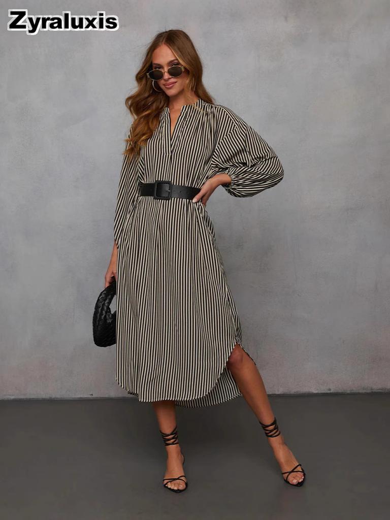Women's Spring Fashion V-Neck Loose Striped Belted Shirt Dress