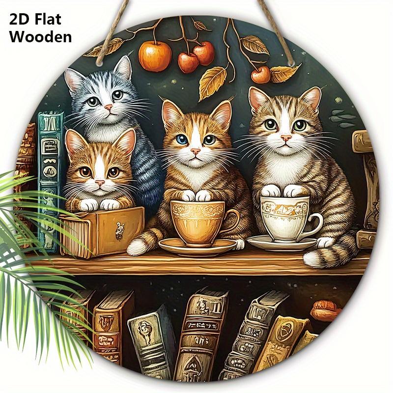 Adorable Cats Wooden Sign 2D Relief Effect of Round Sign for Front Door Wall Hanging Decor Ideal Home Hanging Decoration 20cm
