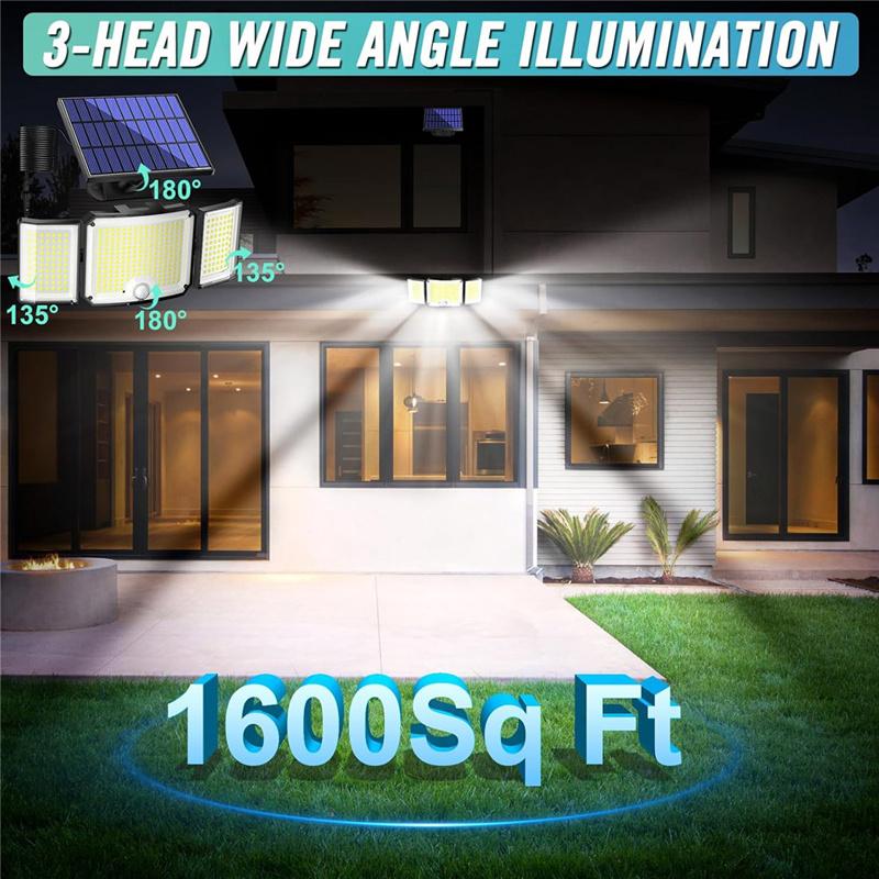 Solar Outdoor Lights, IP65 Waterproof Motion Sensor Outdoor Lights, 3 Head Solar Security Flood Lights With Wide Lighting Angle