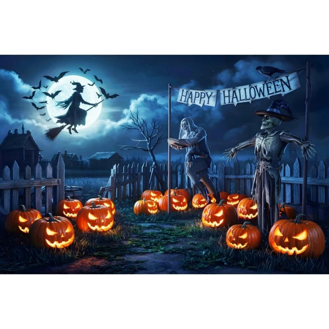 

1pc Daek Blue Halloween Party Backdrop Night Moon Witch Pumpkin Dustproof Banner for Halloween Theme Party Background Decoration 100x150cm