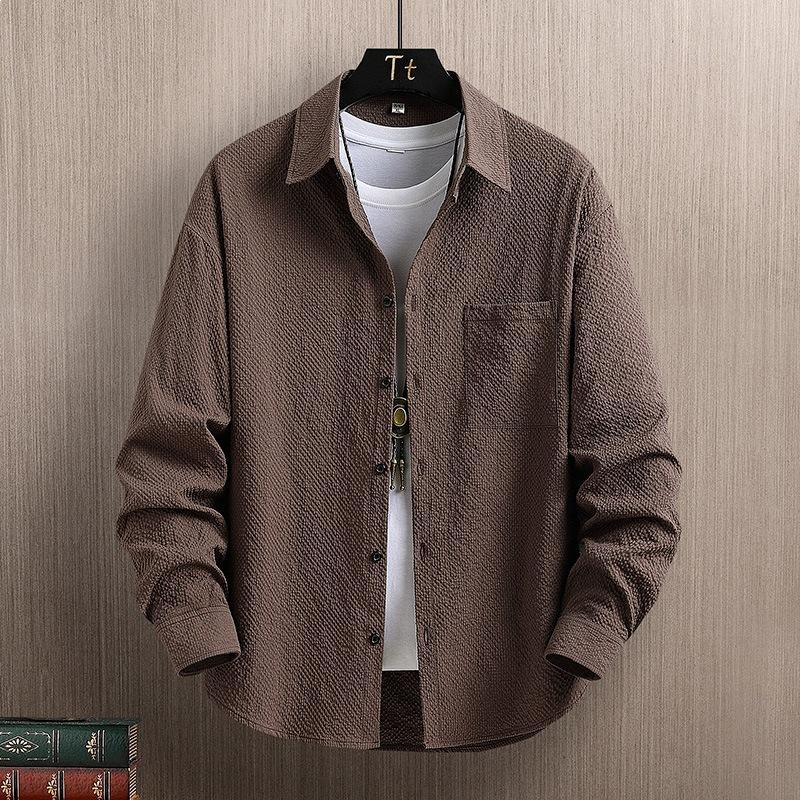 

Men s Beige Textured Long Sleeve Button Down Shirt Oversized Casual Pocket Shirt M коричневый