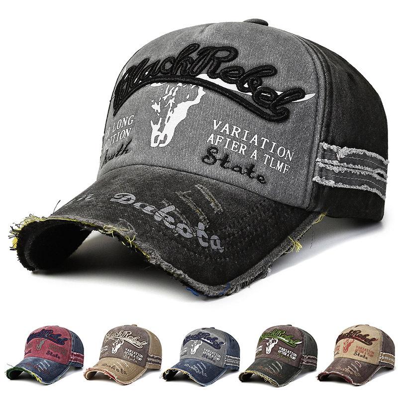 Washed Broken Edge Cotton Hat, Men's and Women's Retro Cap, Curved Brim Hat, Spelling Baseball Cap, Bull's Head Hat.