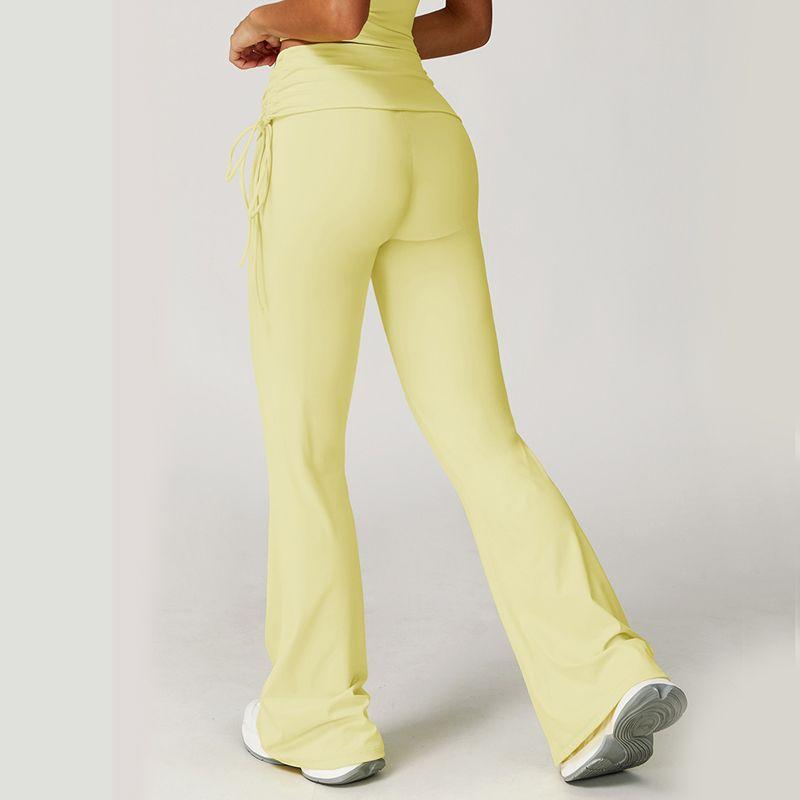 

Folding High Waist Fitness Pants Micro-Pull Nude Feel Wide-Leg Pants Slimming Outdoor Running Sports Design Yoga Trumpet pants Yellow Bud XL