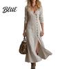 Polyester Summer Dress Women's Side Slit Long Dress Casual Button Down V Elegant Simple Neck Bodycon Sleeve Beach Vacation Sundress Versatile Day
