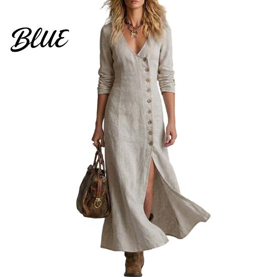 Polyester Summer Dress Women's Side Slit Long Dress Casual Button Down V Elegant Simple Neck Bodycon Sleeve Beach Vacation Sundress Versatile Day