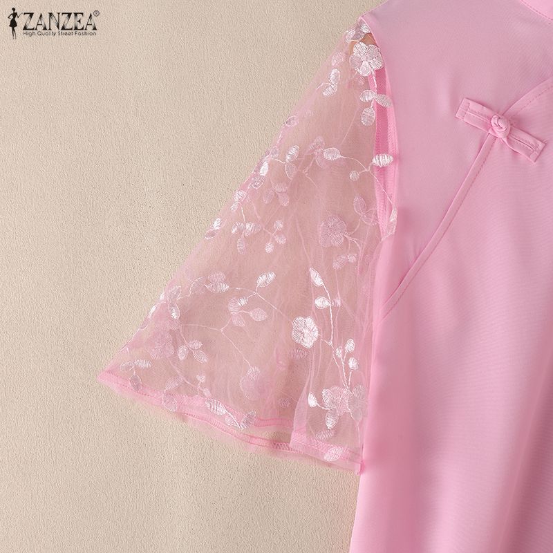 ZANZEA Women Elegant Lace Splice Half Sleeve Summer Casual Stand Collar Blouse