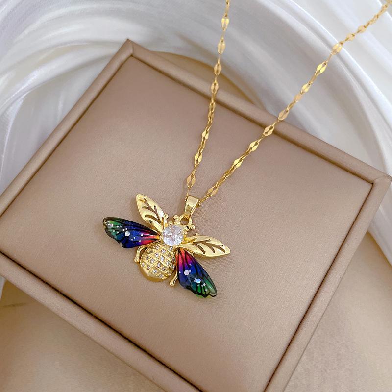 Colorful Bee Zircon Light Luxury Temperament Gorgeous Full Diamond Necklace Female Versatile Collarbone Chain Titanium Steel Chain