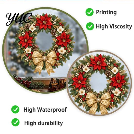 Creative Holiday Gifts Christmas Wreath Window Decals, Removable Stickers with Pine Cone Decorative PVC Wall Bow Berry Poinsettia, Waterproof